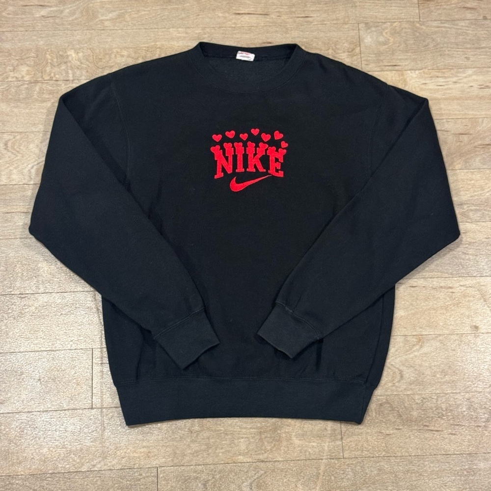 Handmade Nike Embroidered Black Crewneck Pullover Size Medium Heart Details